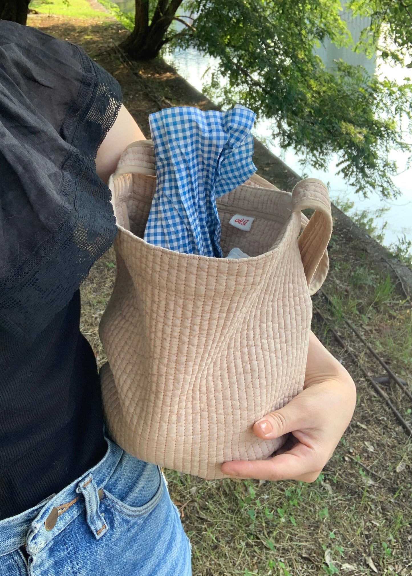Quilt Basket Bag / Pink Beige