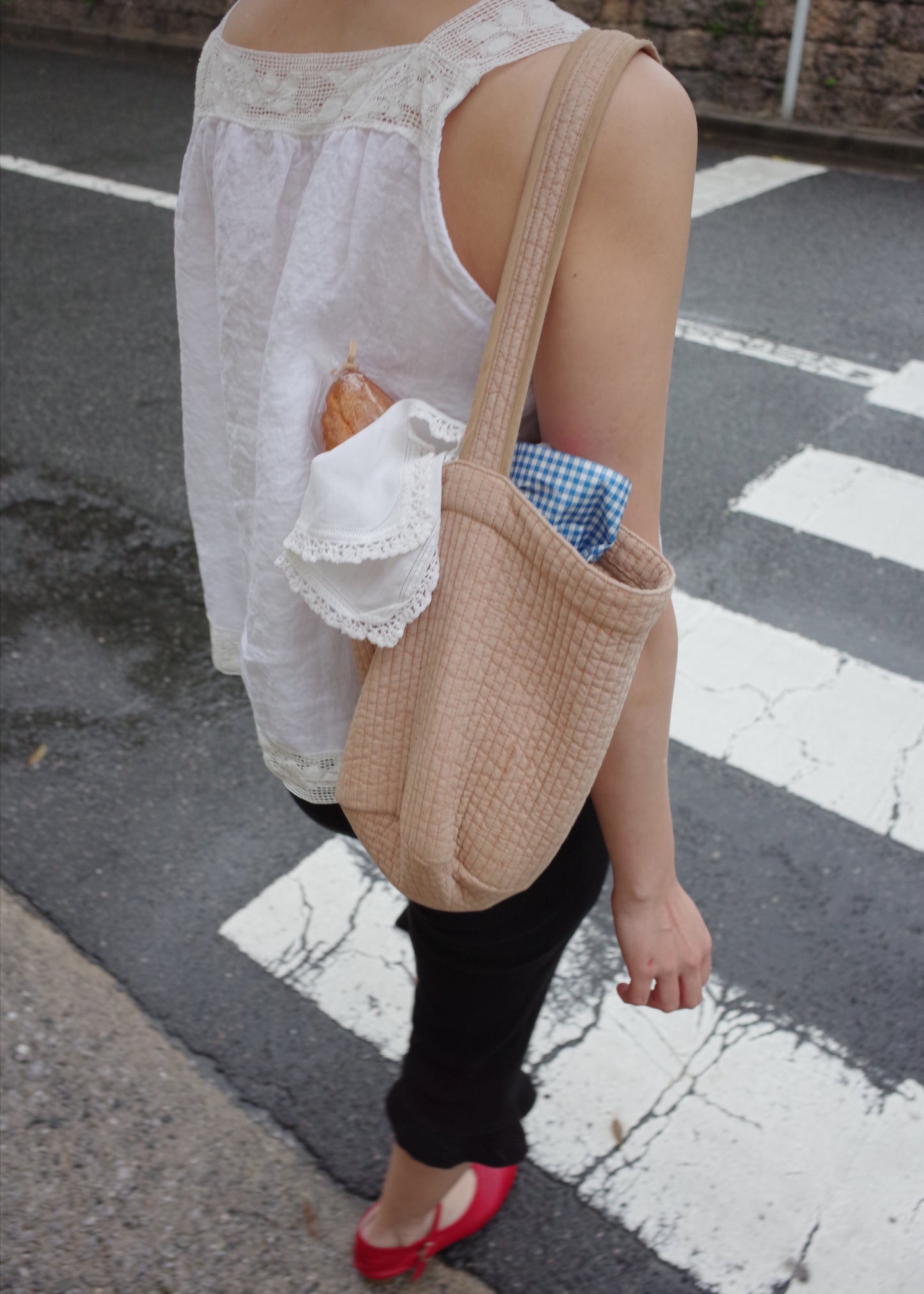 Quilt Basket Bag / Pink Beige